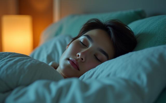A person comfortably sleeping in a dimly lit bedroom, surrounded by calming elements, depicting restful sleep.