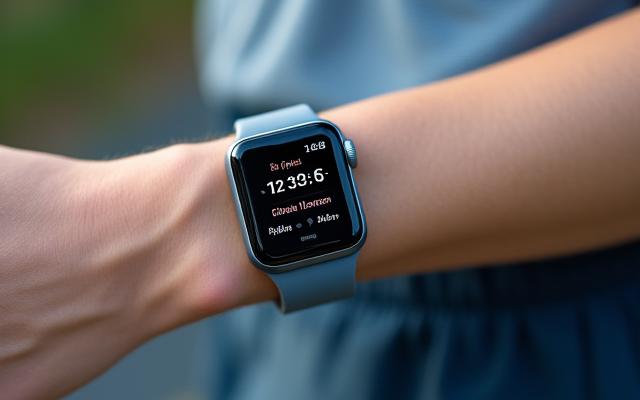 A smart wearable device monitoring heart rate on a person's wrist during light exercise, representing health technology.