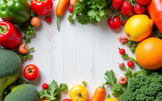 A diverse selection of fresh, colorful vegetables and fruits arranged artfully on a wooden board, symbolizing natural and wholesome nutrition.